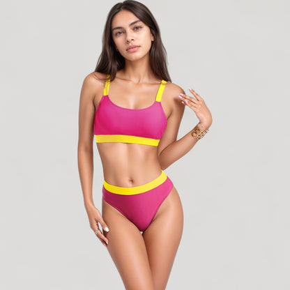 Anna-Kaci Swim Women's Two Tone Scoop Neck Bikini Top with Matching High Waist Bottoms and Adjustable Straps