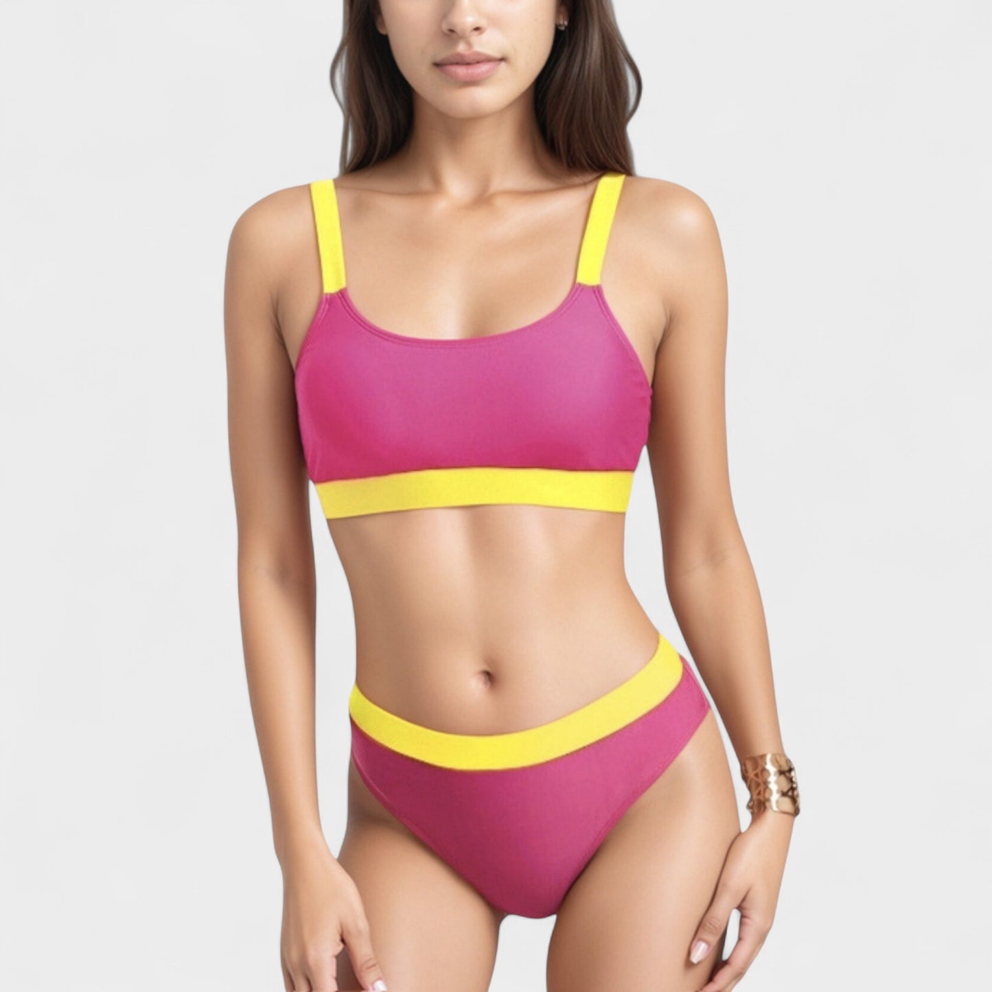 Anna-Kaci Swim Women's Two Tone Scoop Neck Bikini Top with Matching High Waist Bottoms and Adjustable Straps
