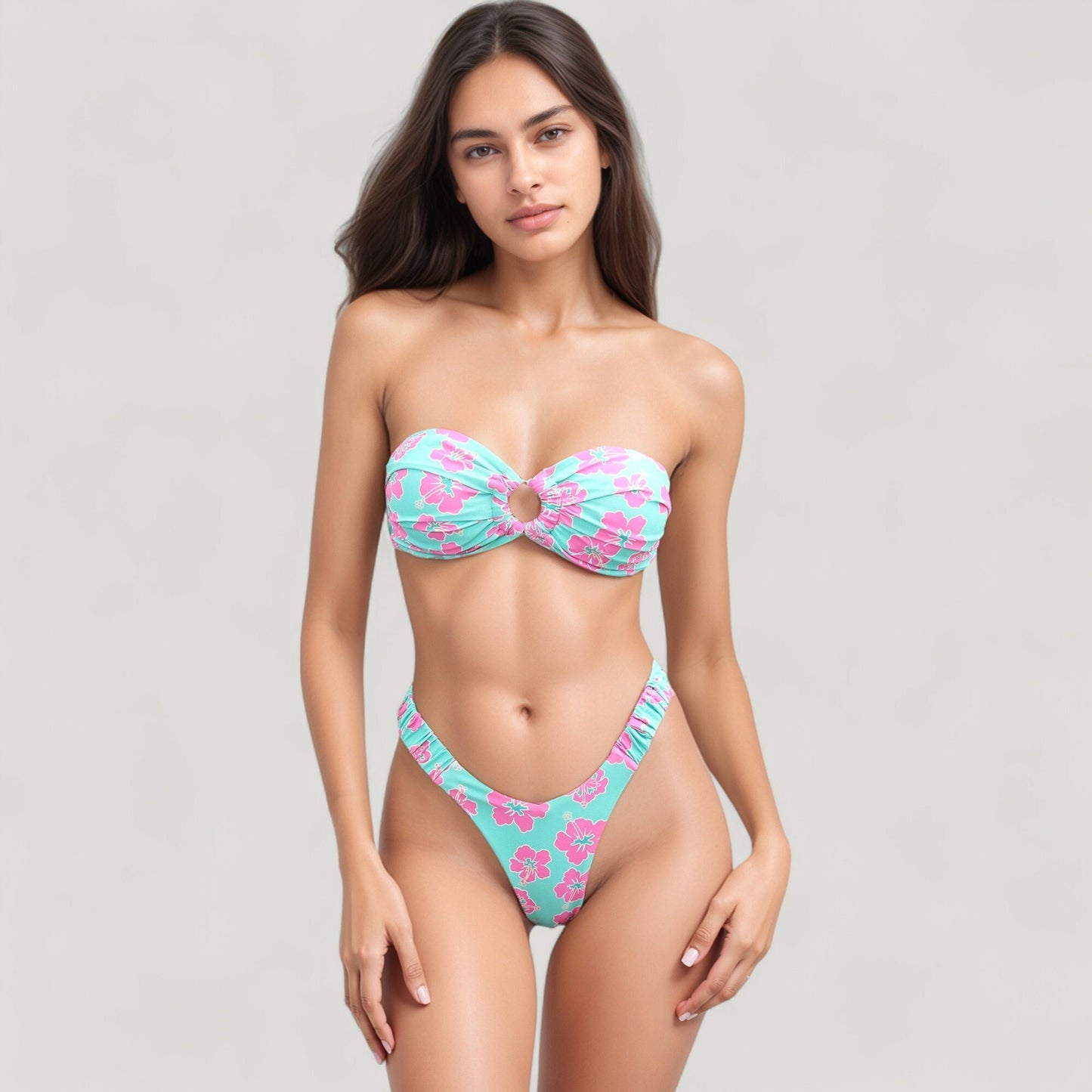 Anna-Kaci Swim Women's Strapless Bandeau Bikini Top with Front Knot Detail and Vibrant Retro Floral Print