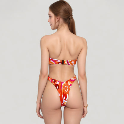 Anna-Kaci Swim Women's Strapless Bandeau Bikini Top with Front Knot Detail and Vibrant Retro Floral Print