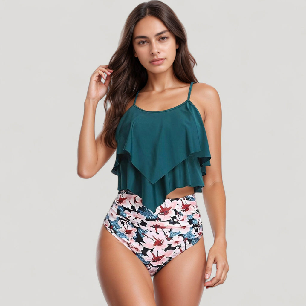 Anna-Kaci Swim Women's Tiered Ruffle Tankini Top with Adjustable Straps and High Waist Palm Tree Print Bottoms