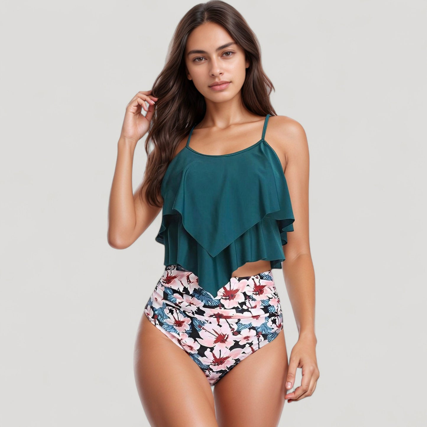 Anna-Kaci Swim Women's Tiered Ruffle Tankini Top with Adjustable Straps and High Waist Palm Tree Print Bottoms