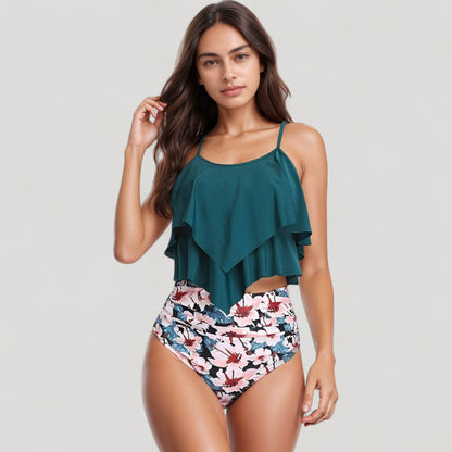 Anna-Kaci Swim Women's Tiered Ruffle Tankini Top with Adjustable Straps and High Waist Palm Tree Print Bottoms