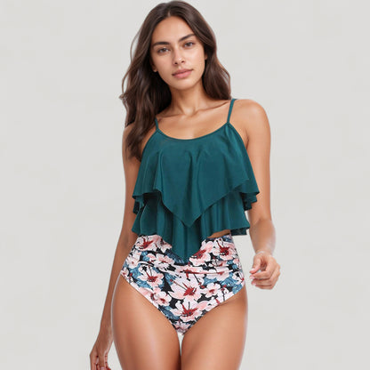 Anna-Kaci Swim Women's Tiered Ruffle Tankini Top with Adjustable Straps and High Waist Palm Tree Print Bottoms