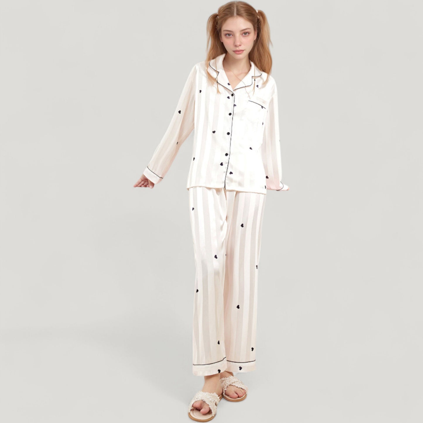 Anna-Kaci Lounge Women's Heart Embroidered Pajama Set with Long Sleeve Button-Up Top and Matching Full-Length Lounge Pants