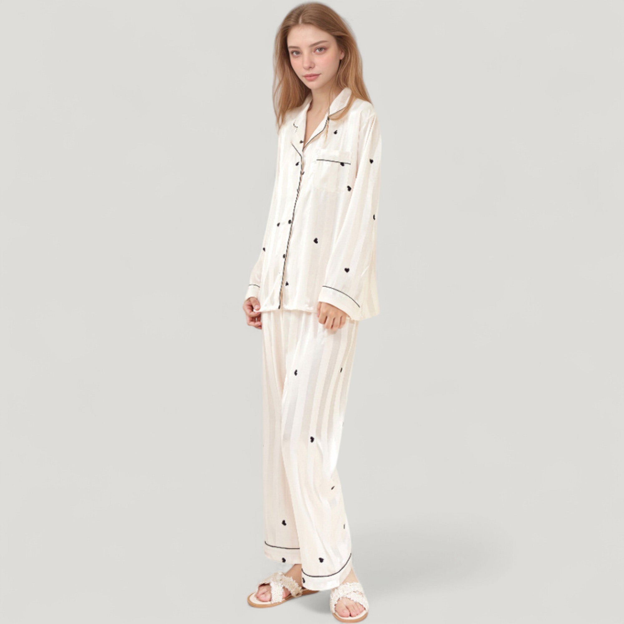 Anna-Kaci Lounge Women's Heart Embroidered Pajama Set with Long Sleeve Button-Up Top and Matching Full-Length Lounge Pants