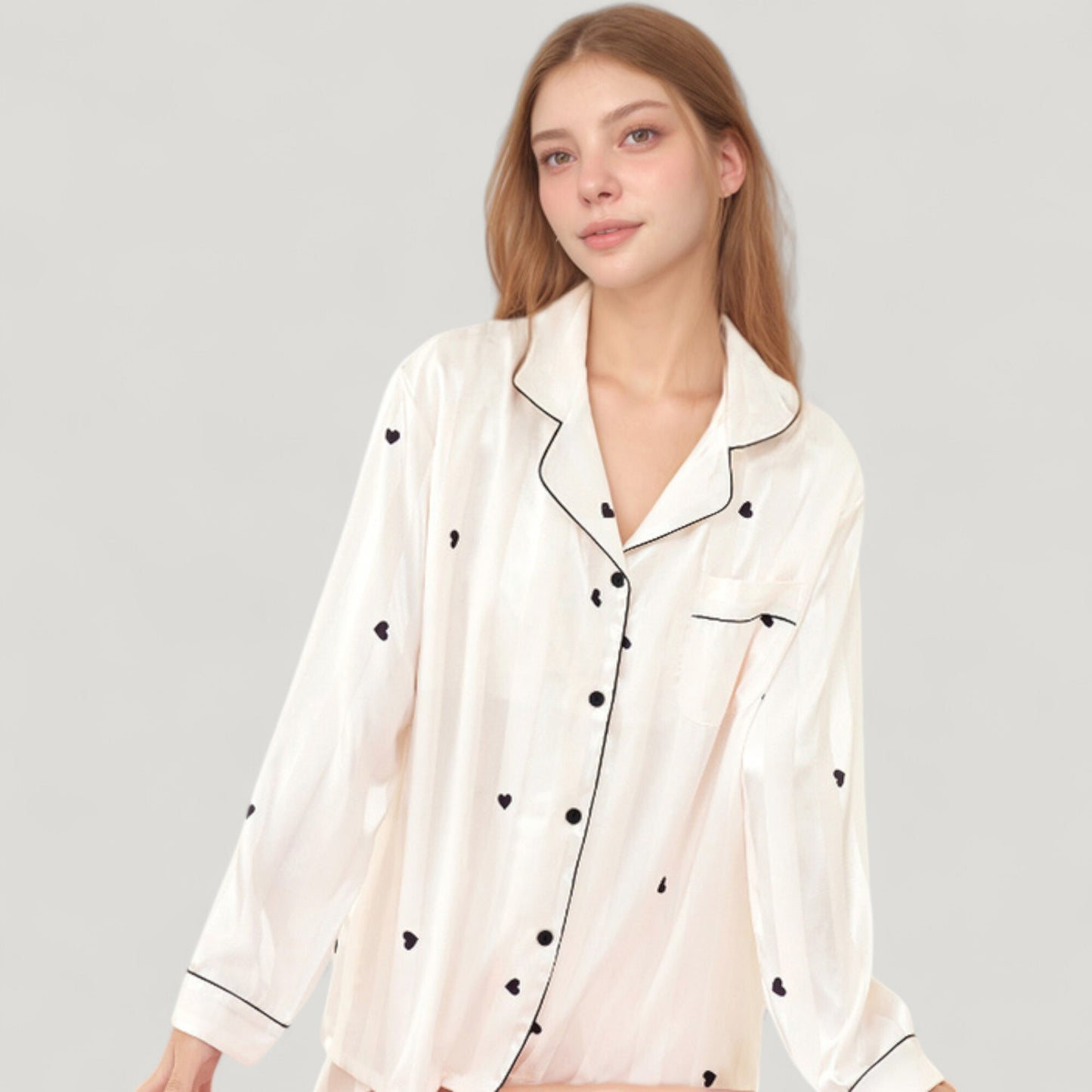 Anna-Kaci Lounge Women's Heart Embroidered Pajama Set with Long Sleeve Button-Up Top and Matching Full-Length Lounge Pants
