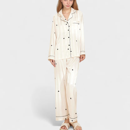 Anna-Kaci Lounge Women's Heart Embroidered Pajama Set with Long Sleeve Button-Up Top and Matching Full-Length Lounge Pants
