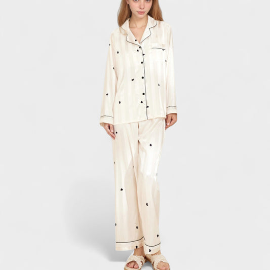 Anna-Kaci Lounge Women's Heart Embroidered Pajama Set with Long Sleeve Button-Up Top and Matching Full-Length Lounge Pants