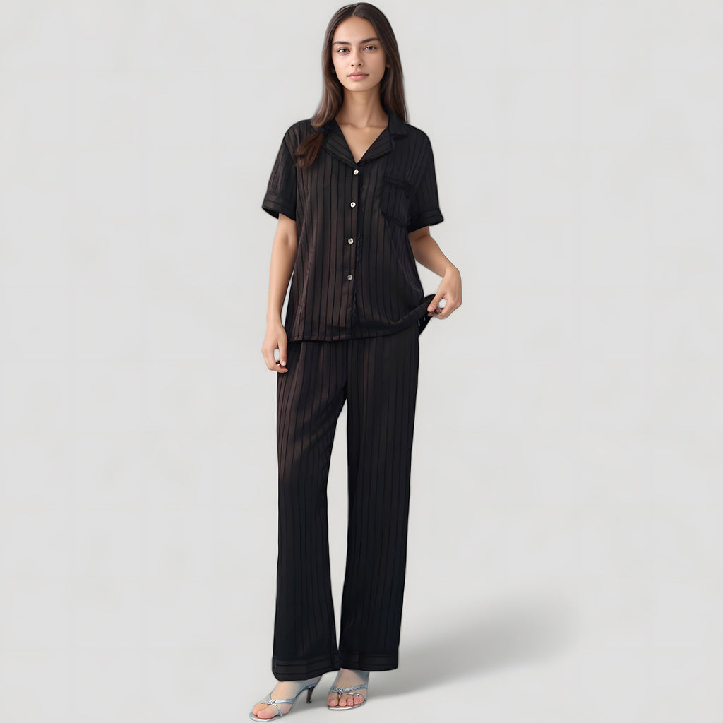 Anna-Kaci Lounge Women's Short Sleeve Button-Down Striped Pajama Top with Matching Wide Leg Pants Sleepwear Set