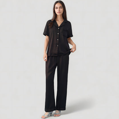 Anna-Kaci Lounge Women's Short Sleeve Button-Down Striped Pajama Top with Matching Wide Leg Pants Sleepwear Set