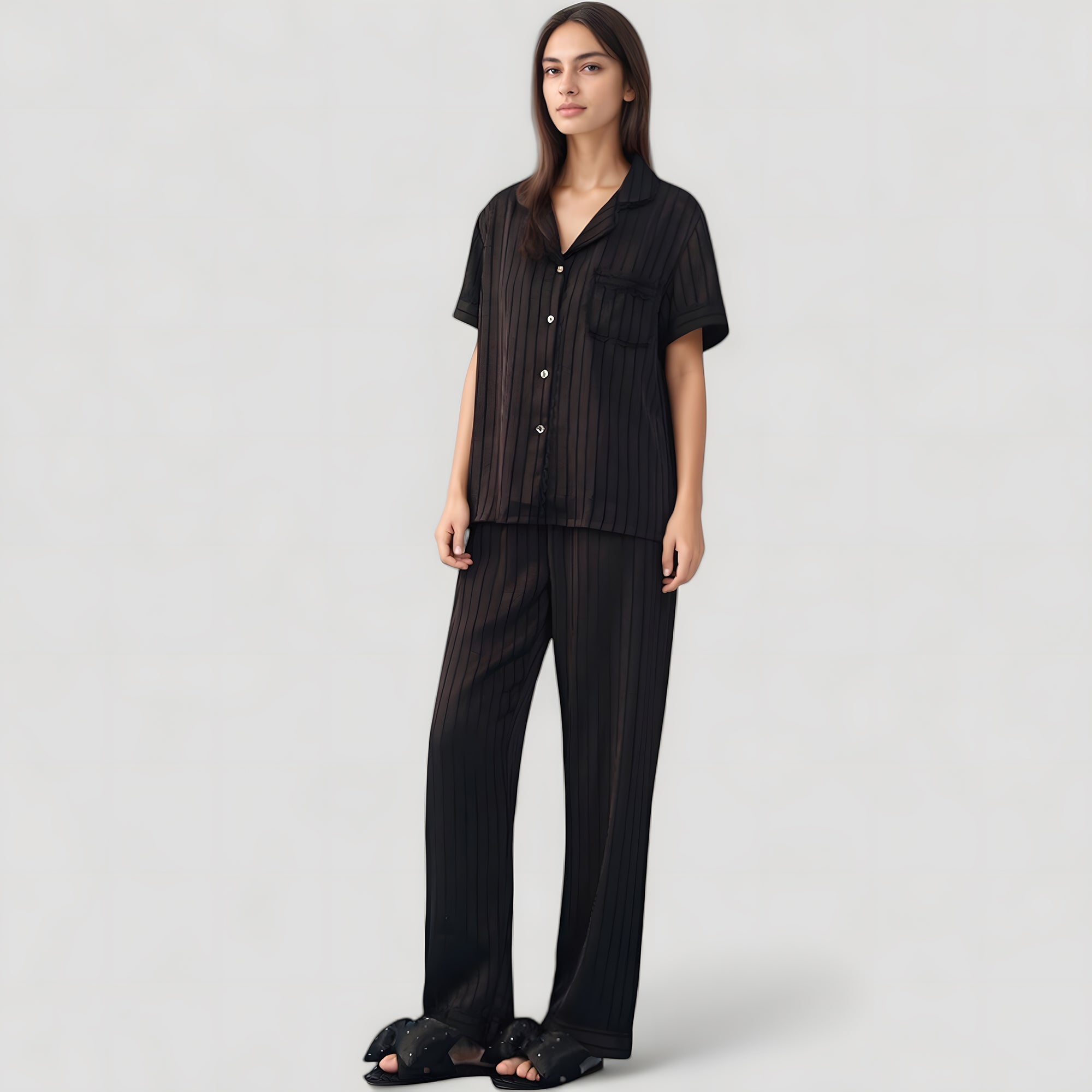 Anna-Kaci Lounge Women's Short Sleeve Button-Down Striped Pajama Top with Matching Wide Leg Pants Sleepwear Set