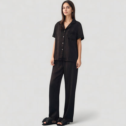 Anna-Kaci Lounge Women's Short Sleeve Button-Down Striped Pajama Top with Matching Wide Leg Pants Sleepwear Set