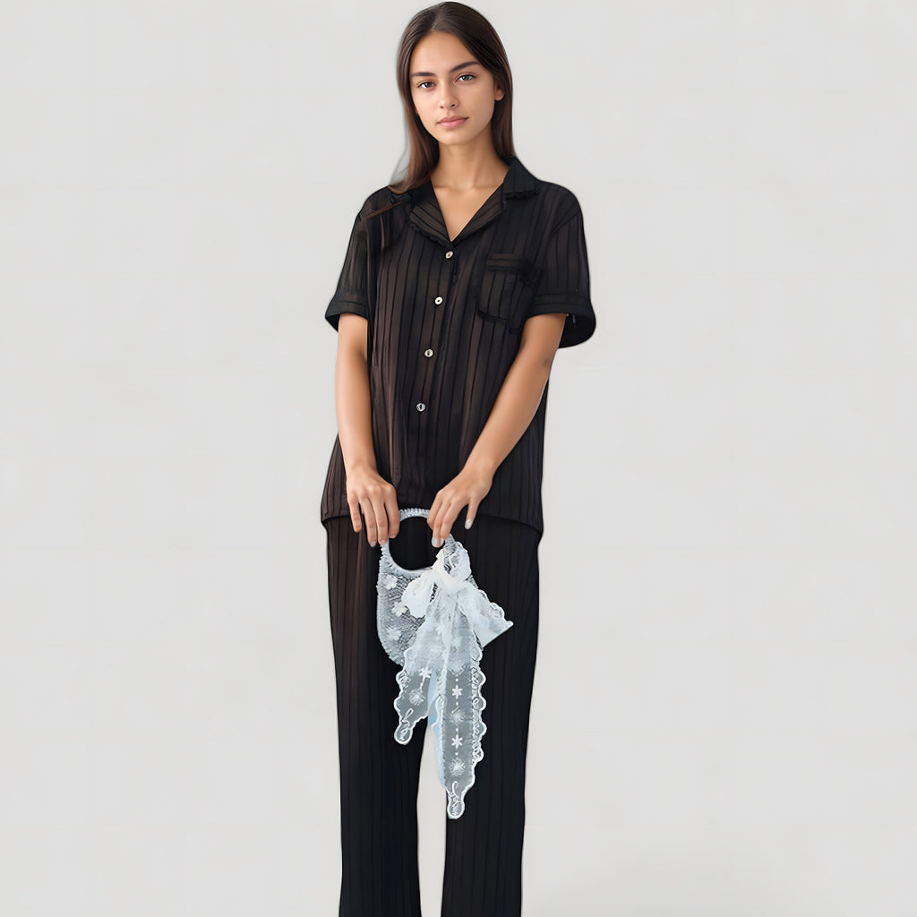 Anna-Kaci Lounge Women's Short Sleeve Button-Down Striped Pajama Top with Matching Wide Leg Pants Sleepwear Set