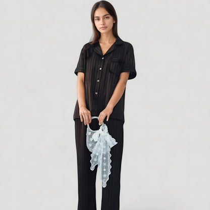 Anna-Kaci Lounge Women's Short Sleeve Button-Down Striped Pajama Top with Matching Wide Leg Pants Sleepwear Set