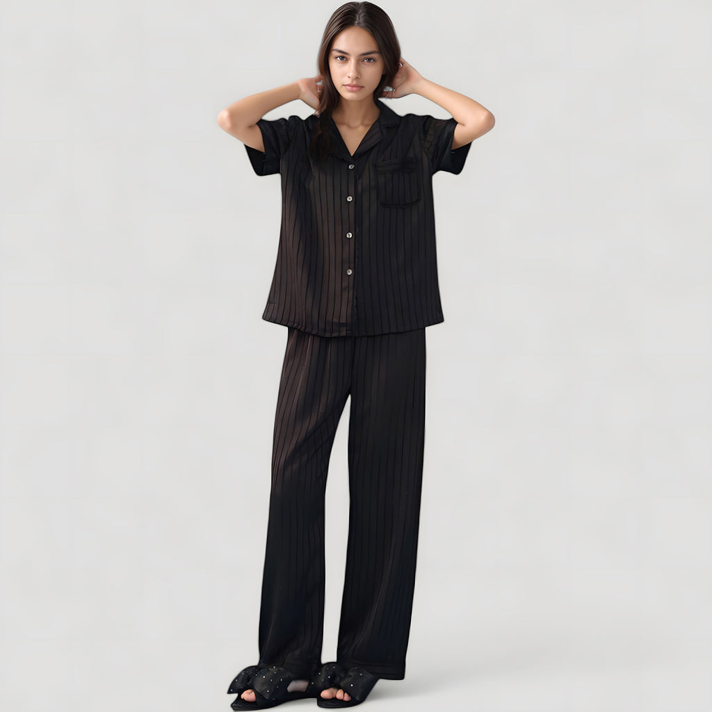 Anna-Kaci Lounge Women's Short Sleeve Button-Down Striped Pajama Top with Matching Wide Leg Pants Sleepwear Set