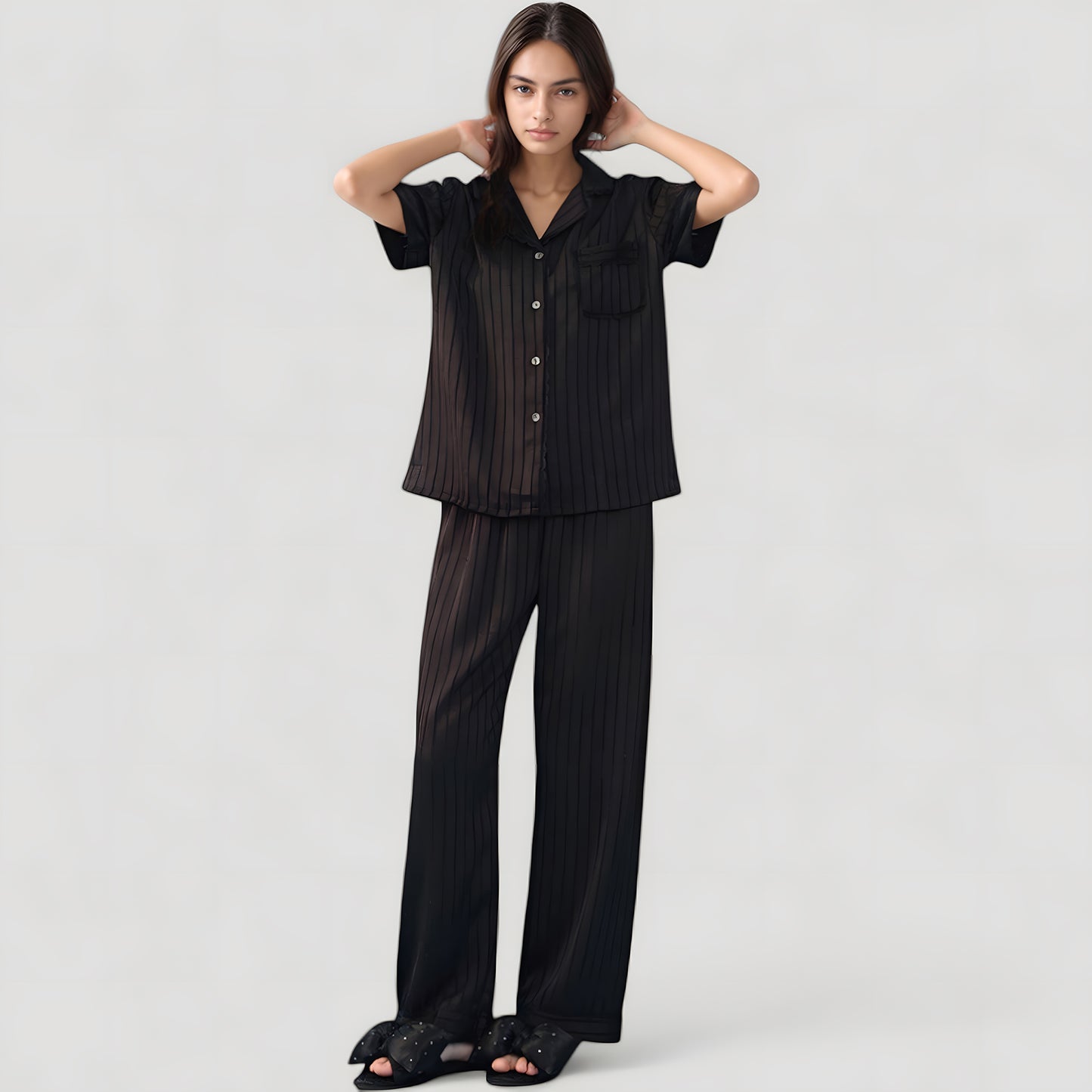 Anna-Kaci Lounge Women's Short Sleeve Button-Down Striped Pajama Top with Matching Wide Leg Pants Sleepwear Set