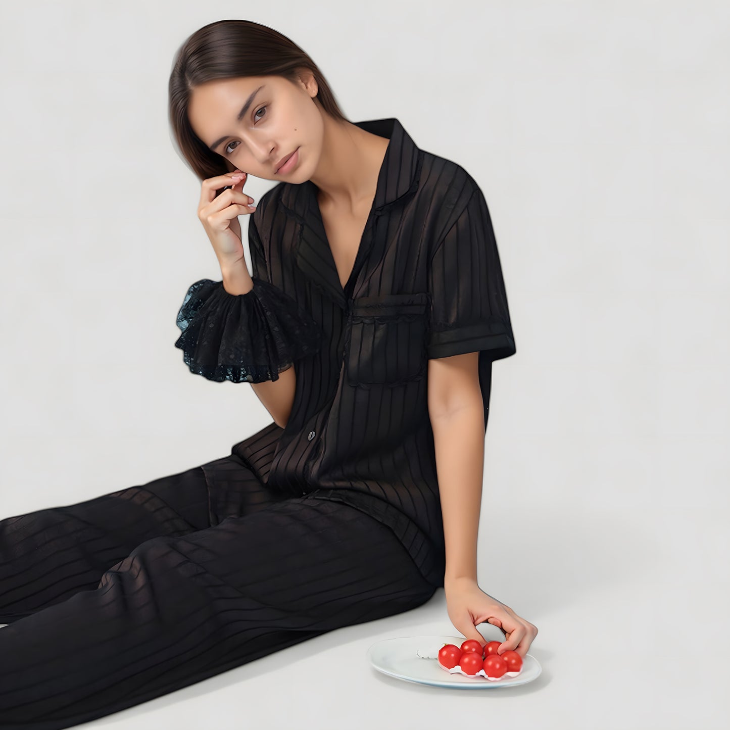 Anna-Kaci Lounge Women's Short Sleeve Button-Down Striped Pajama Top with Matching Wide Leg Pants Sleepwear Set