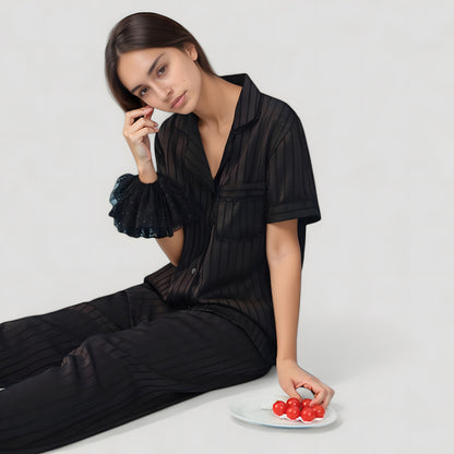 Anna-Kaci Lounge Women's Short Sleeve Button-Down Striped Pajama Top with Matching Wide Leg Pants Sleepwear Set