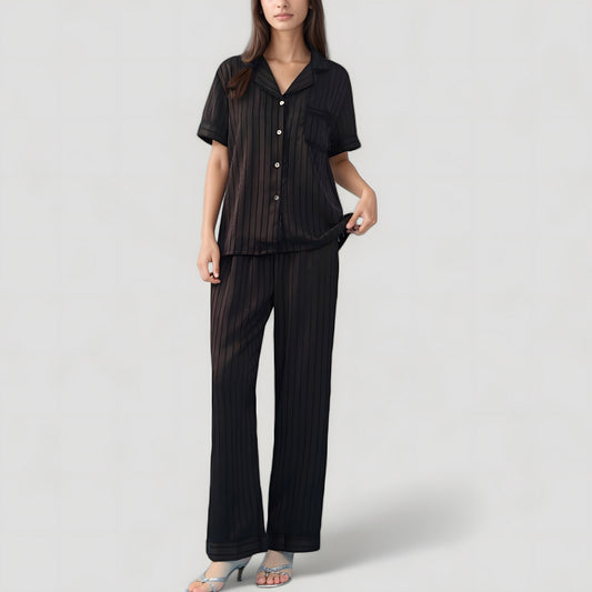 Anna-Kaci Lounge Women's Short Sleeve Button-Down Striped Pajama Top with Matching Wide Leg Pants Sleepwear Set