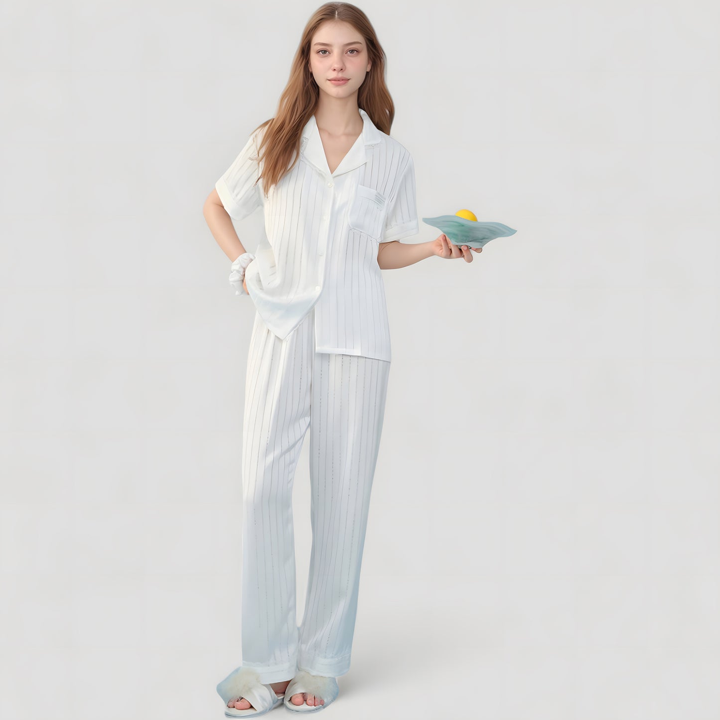 Anna-Kaci Lounge Women's Short Sleeve Button-Down Striped Pajama Top with Matching Wide Leg Pants Sleepwear Set