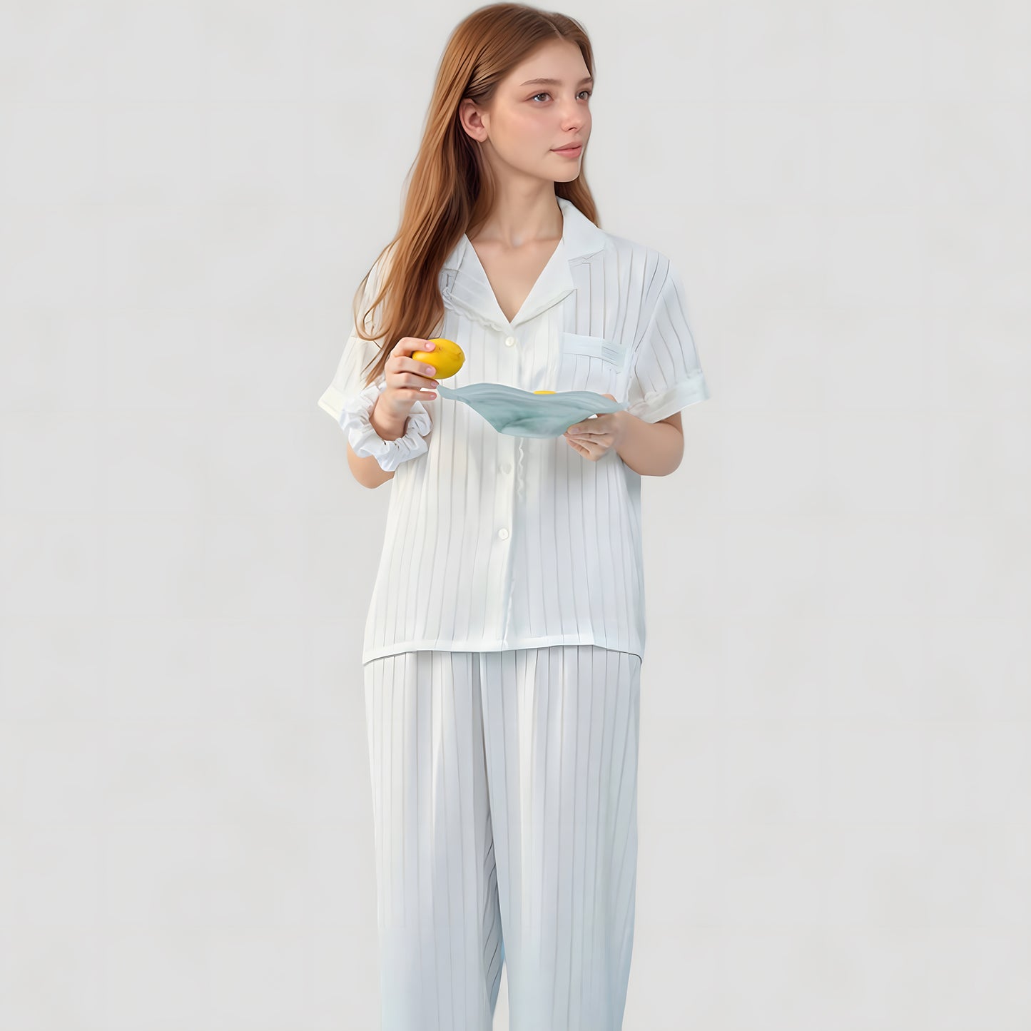 Anna-Kaci Lounge Women's Short Sleeve Button-Down Striped Pajama Top with Matching Wide Leg Pants Sleepwear Set