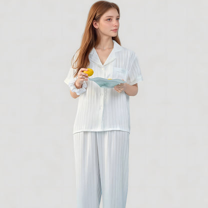 Anna-Kaci Lounge Women's Short Sleeve Button-Down Striped Pajama Top with Matching Wide Leg Pants Sleepwear Set