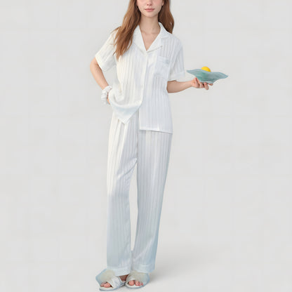 Anna-Kaci Lounge Women's Short Sleeve Button-Down Striped Pajama Top with Matching Wide Leg Pants Sleepwear Set