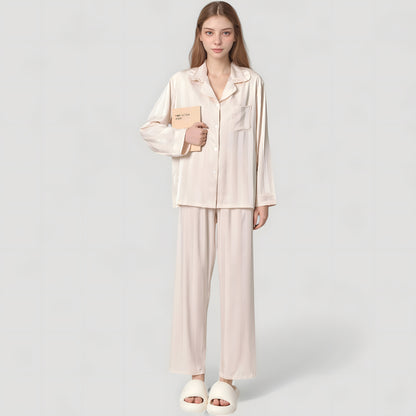 Anna-Kaci Lounge Women's Long Sleeve Button-Down Satin Pajama Top with Ruffle Collar and Wide Leg Pants Sleepwear Set