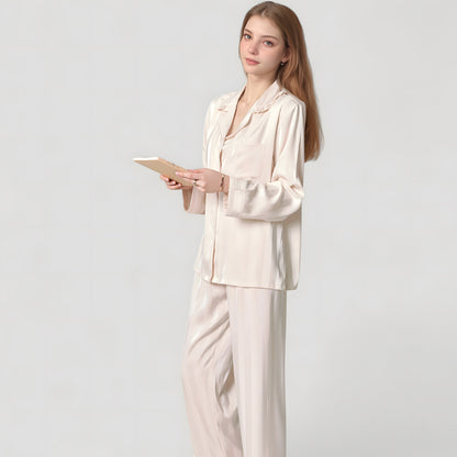 Anna-Kaci Lounge Women's Long Sleeve Button-Down Satin Pajama Top with Ruffle Collar and Wide Leg Pants Sleepwear Set