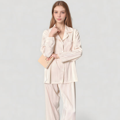Anna-Kaci Lounge Women's Long Sleeve Button-Down Satin Pajama Top with Ruffle Collar and Wide Leg Pants Sleepwear Set
