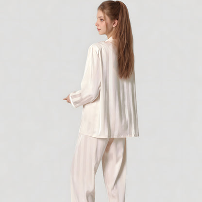 Anna-Kaci Lounge Women's Long Sleeve Button-Down Satin Pajama Top with Ruffle Collar and Wide Leg Pants Sleepwear Set