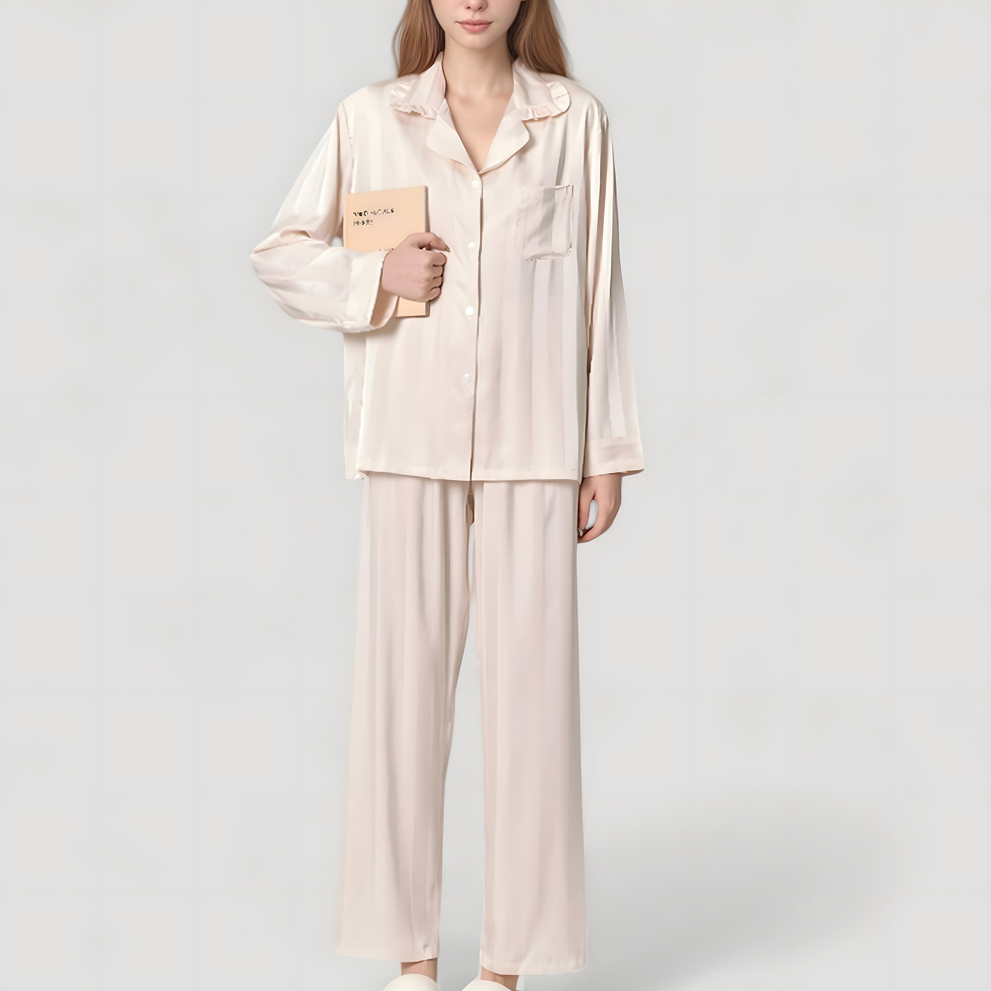 Anna-Kaci Lounge Women's Long Sleeve Button-Down Satin Pajama Top with Ruffle Collar and Wide Leg Pants Sleepwear Set