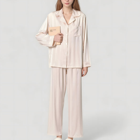 Anna-Kaci Lounge Women's Long Sleeve Button-Down Satin Pajama Top with Ruffle Collar and Wide Leg Pants Sleepwear Set