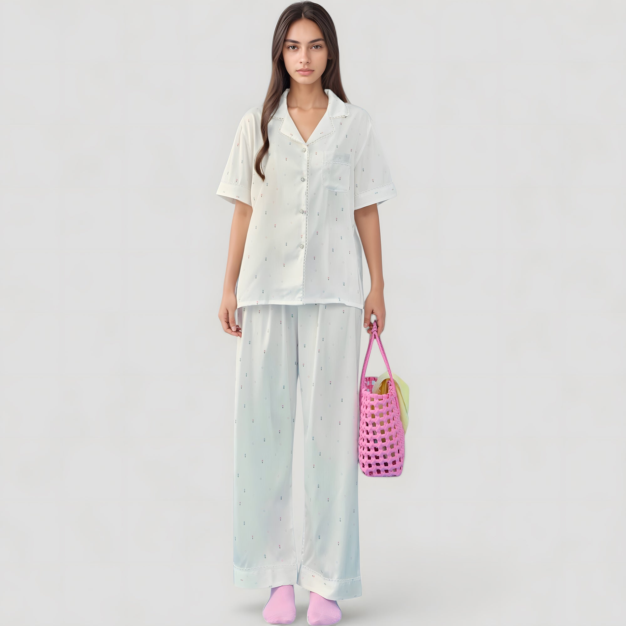 Anna-Kaci Lounge Women's Short Sleeve Button-Down Satin Pajama Set with Allover Mini Dot Print and Wide Leg Pants
