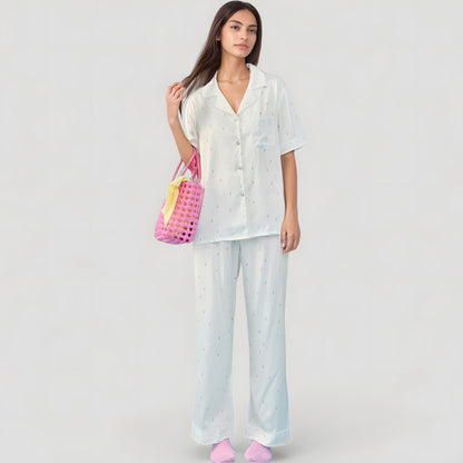 Anna-Kaci Lounge Women's Short Sleeve Button-Down Satin Pajama Set with Allover Mini Dot Print and Wide Leg Pants