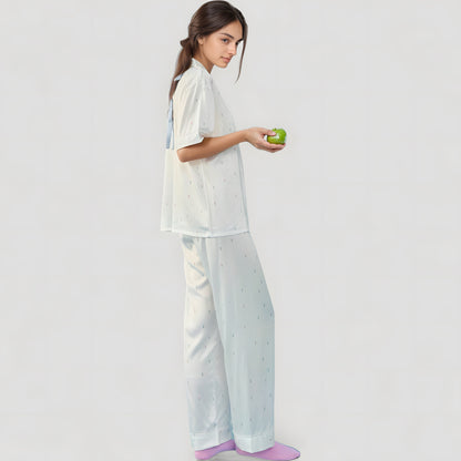 Anna-Kaci Lounge Women's Short Sleeve Button-Down Satin Pajama Set with Allover Mini Dot Print and Wide Leg Pants