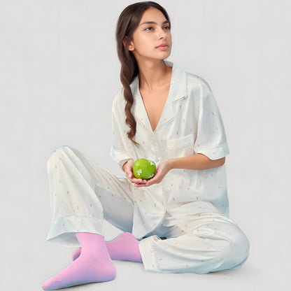 Anna-Kaci Lounge Women's Short Sleeve Button-Down Satin Pajama Set with Allover Mini Dot Print and Wide Leg Pants