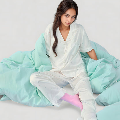 Anna-Kaci Lounge Women's Short Sleeve Button-Down Satin Pajama Set with Allover Mini Dot Print and Wide Leg Pants