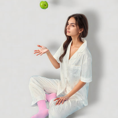 Anna-Kaci Lounge Women's Short Sleeve Button-Down Satin Pajama Set with Allover Mini Dot Print and Wide Leg Pants