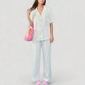 Anna-Kaci Lounge Women's Short Sleeve Button-Down Satin Pajama Set with Allover Mini Dot Print and Wide Leg Pants