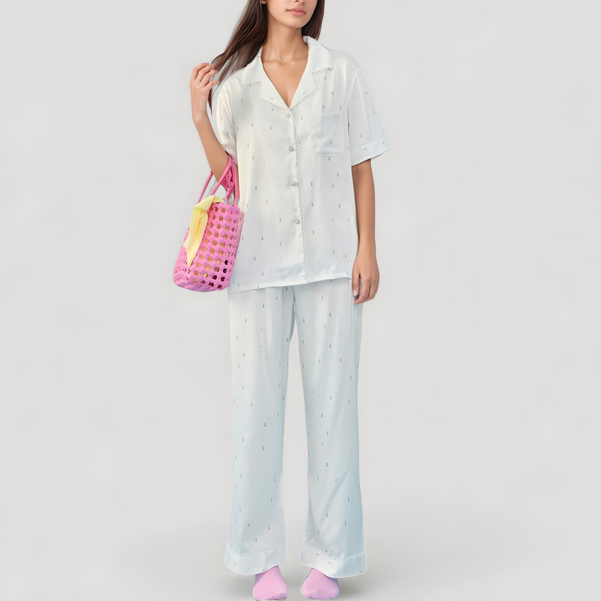 Anna-Kaci Lounge Women's Short Sleeve Button-Down Satin Pajama Set with Allover Mini Dot Print and Wide Leg Pants