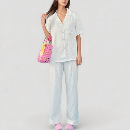 Anna-Kaci Lounge Women's Short Sleeve Button-Down Satin Pajama Set with Allover Mini Dot Print and Wide Leg Pants