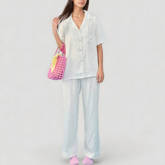 Anna-Kaci Lounge Women's Short Sleeve Button-Down Satin Pajama Set with Allover Mini Dot Print and Wide Leg Pants