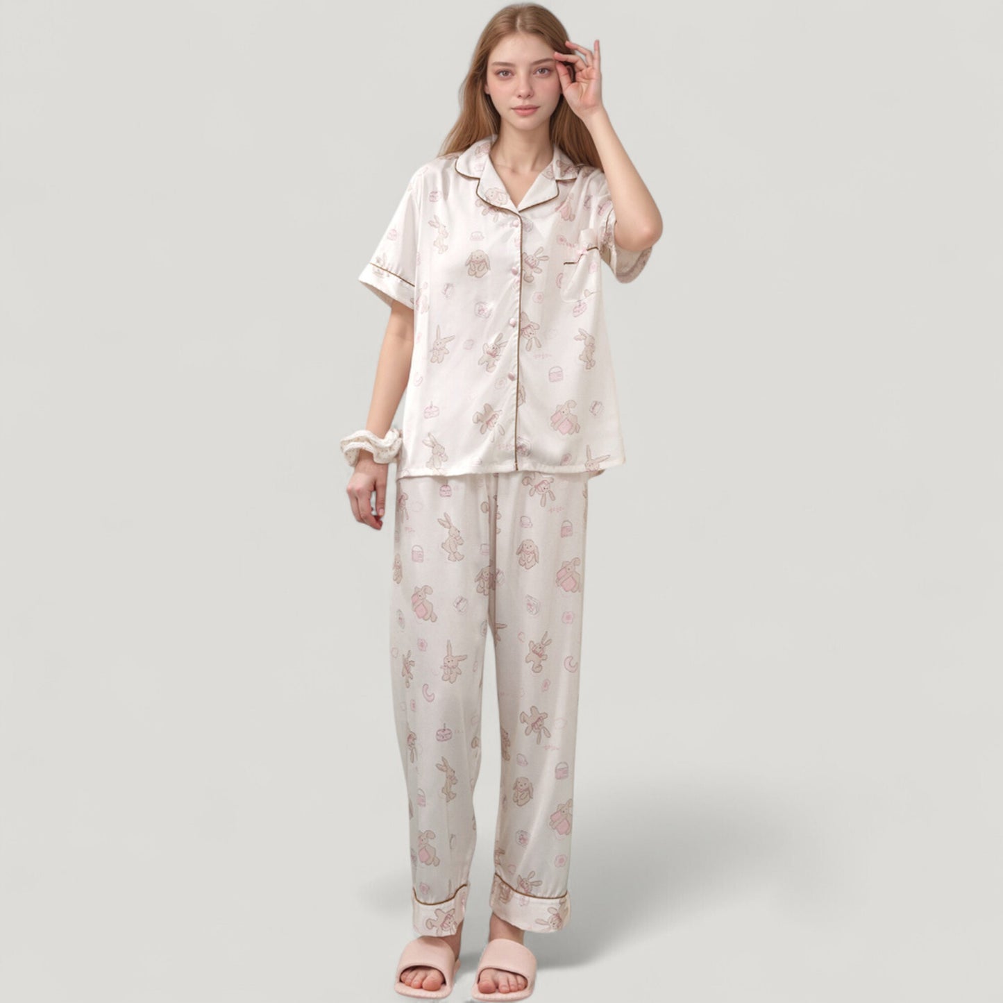 Anna-Kaci Lounge Women's Cartoon Bunny Print Pajama Set with Short Sleeve Button-Up Top and Wide Leg Lounge Pants