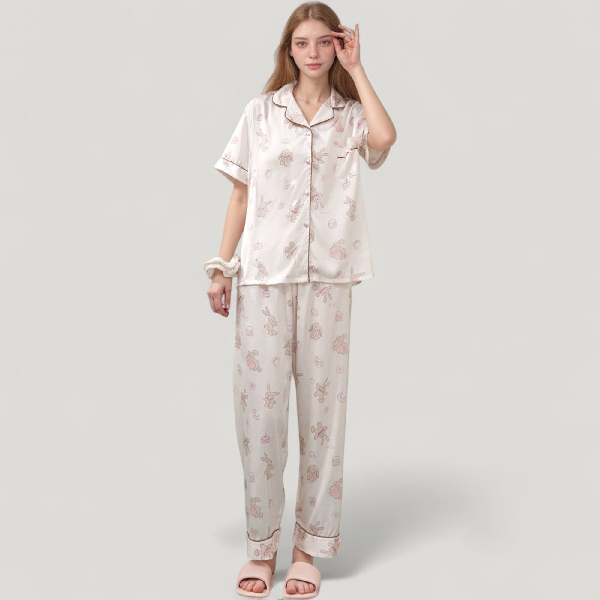 Anna-Kaci Lounge Women's Cartoon Bunny Print Pajama Set with Short Sleeve Button-Up Top and Wide Leg Lounge Pants