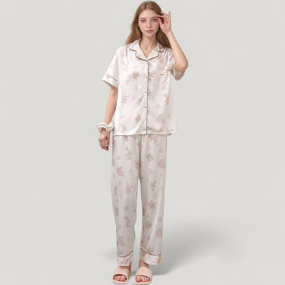 Anna-Kaci Lounge Women's Cartoon Bunny Print Pajama Set with Short Sleeve Button-Up Top and Wide Leg Lounge Pants