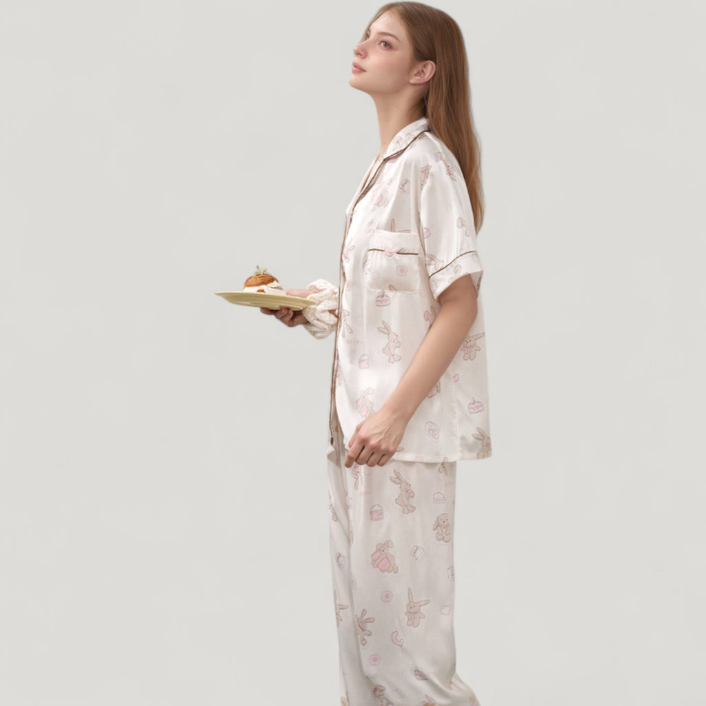 Anna-Kaci Lounge Women's Cartoon Bunny Print Pajama Set with Short Sleeve Button-Up Top and Wide Leg Lounge Pants