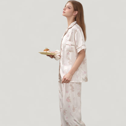 Anna-Kaci Lounge Women's Cartoon Bunny Print Pajama Set with Short Sleeve Button-Up Top and Wide Leg Lounge Pants