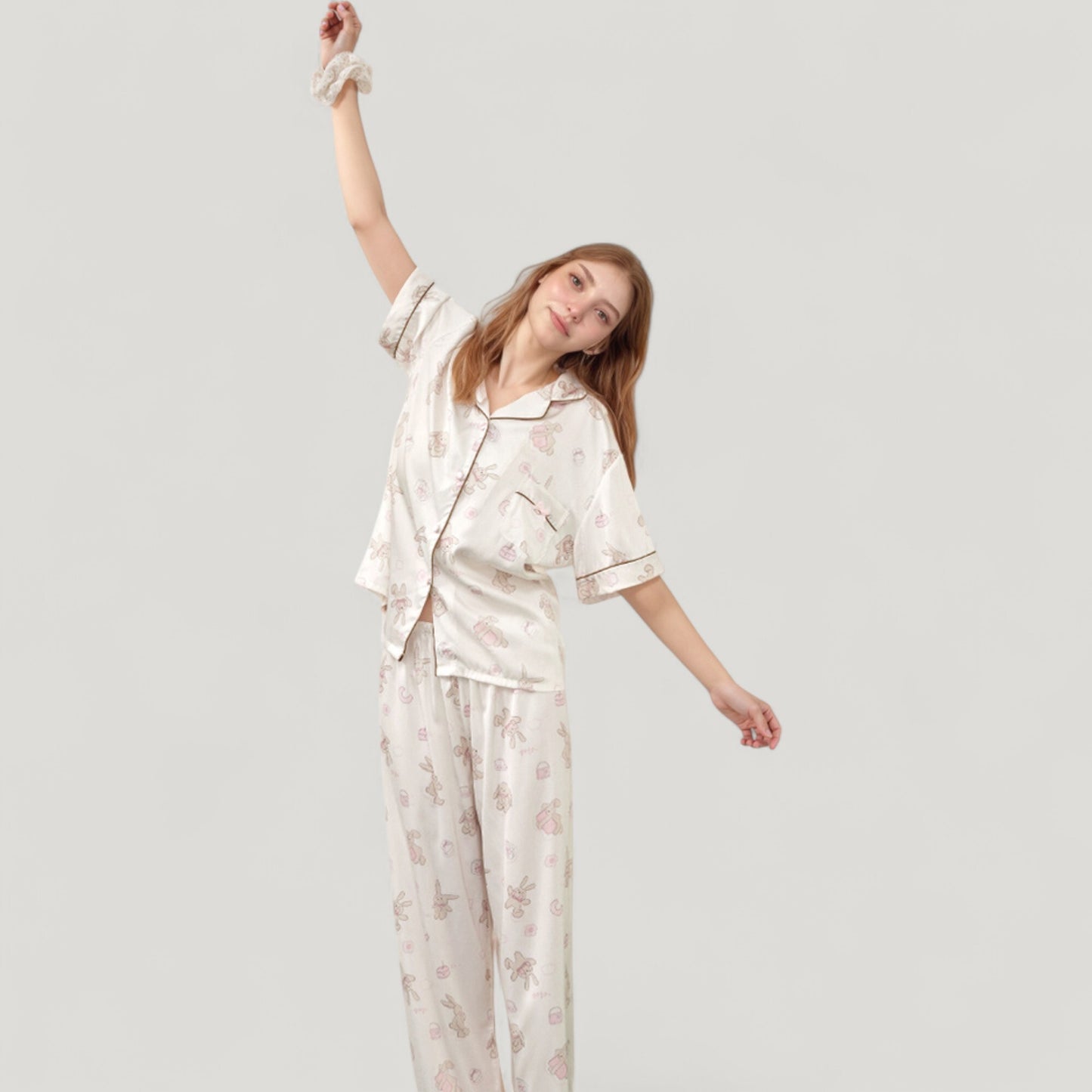 Anna-Kaci Lounge Women's Cartoon Bunny Print Pajama Set with Short Sleeve Button-Up Top and Wide Leg Lounge Pants